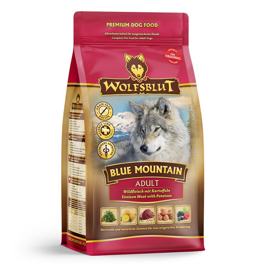 Se Wolfsblut Blue Mountain Adult med vildt, 500 g hos Hundefoder.dk