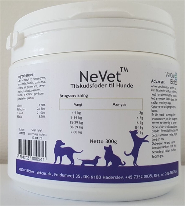 Vetcur NeVet pulver tilskud til hunde for nerve- og hormonsystemet, 300g 