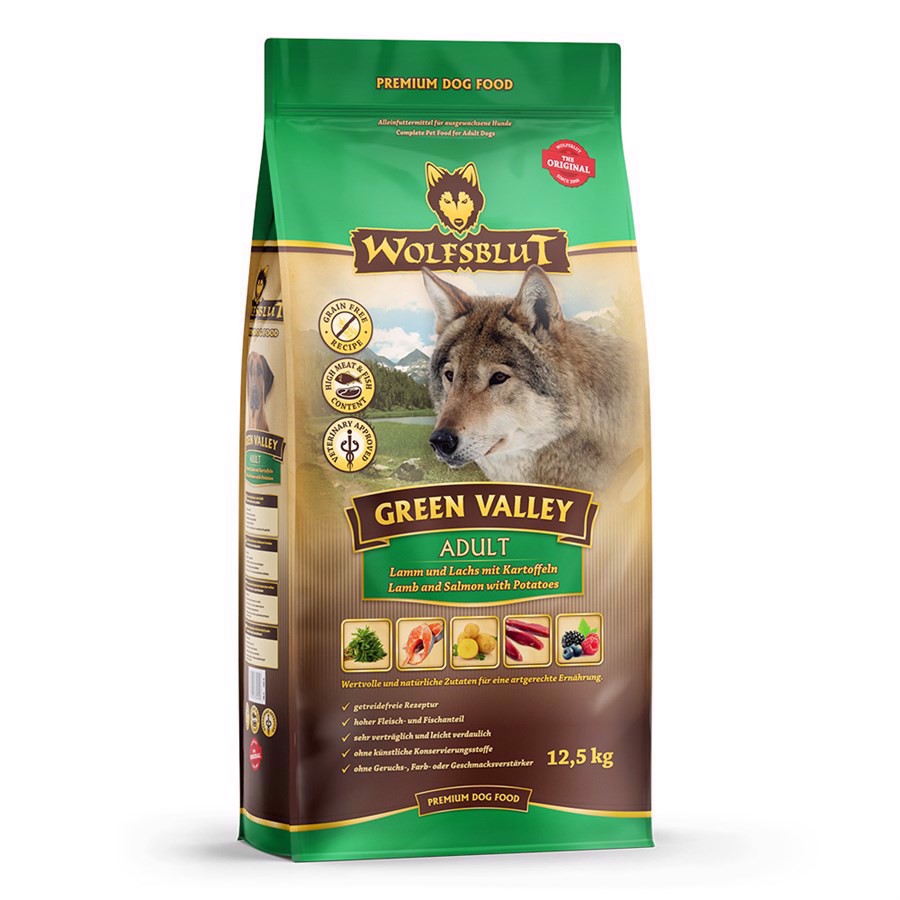 Se Wolfsblut Green Valley Adult lam & fisk, 12.5 kg hos Hundefoder.dk