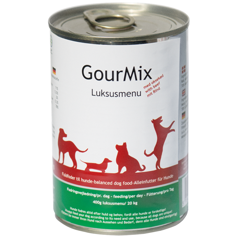 Se GourMix luksus dåsemad med oksekød, hund, 400g hos Hundefoder.dk