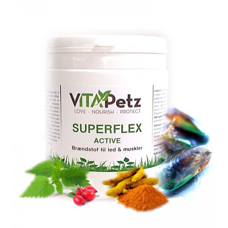 Se VitaPetz Superflex Active, til led og muskler, 150 gr hos Hundefoder.dk