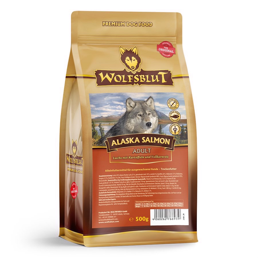 Se WolfsBlut Alaska Salmon Adult hundefoder, 500g hos Hundefoder.dk