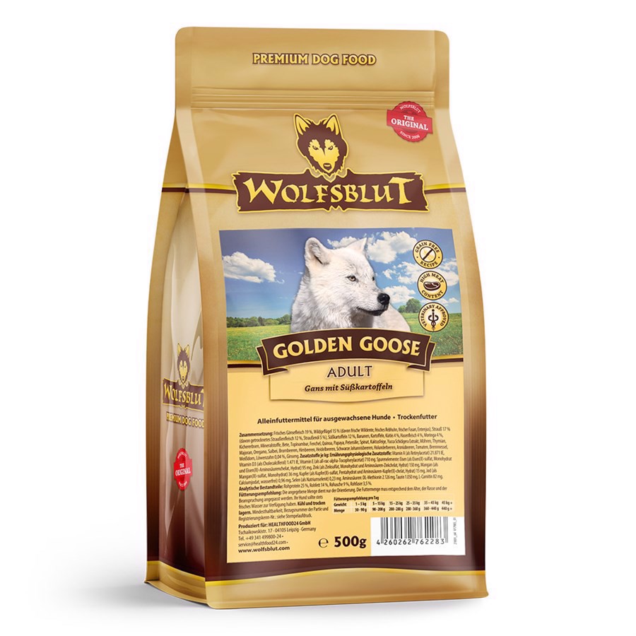 Se WolfsBlut Golden Goose Adult med gås, 500g hos Hundefoder.dk