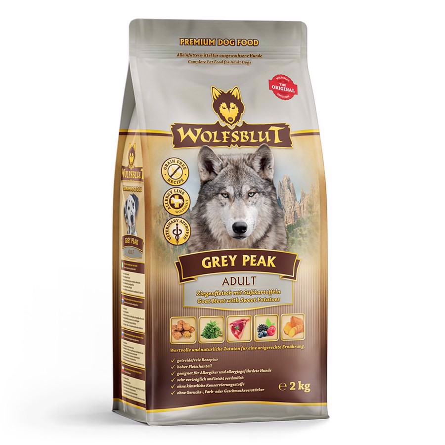 Se WolfsBlut Grey Peak Adult med ged & hest, 2 kg hos Hundefoder.dk