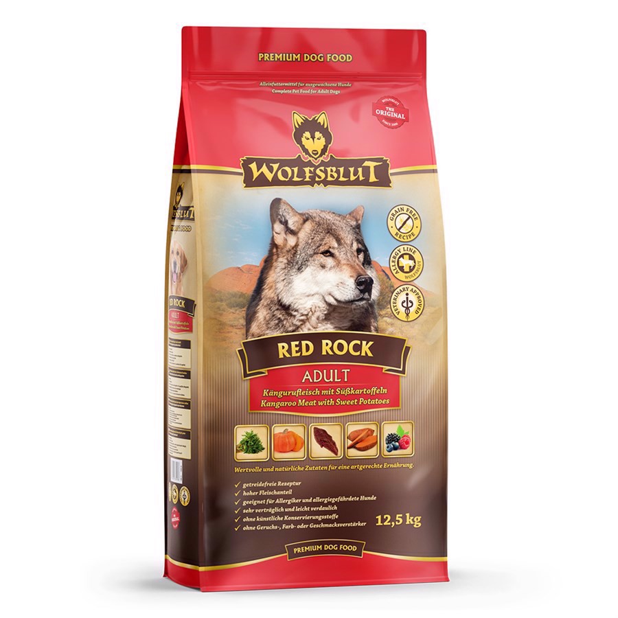 Se WolfsBlut Red Rock Adult hundefoder med kænguru, 12.5 kg hos Hundefoder.dk