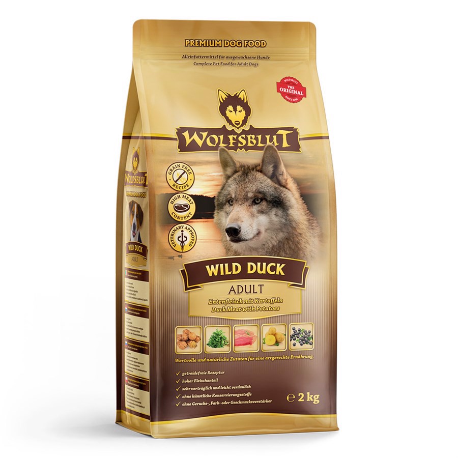 Se WolfsBlut Wild Duck Adult med and, 2 kg hos Hundefoder.dk