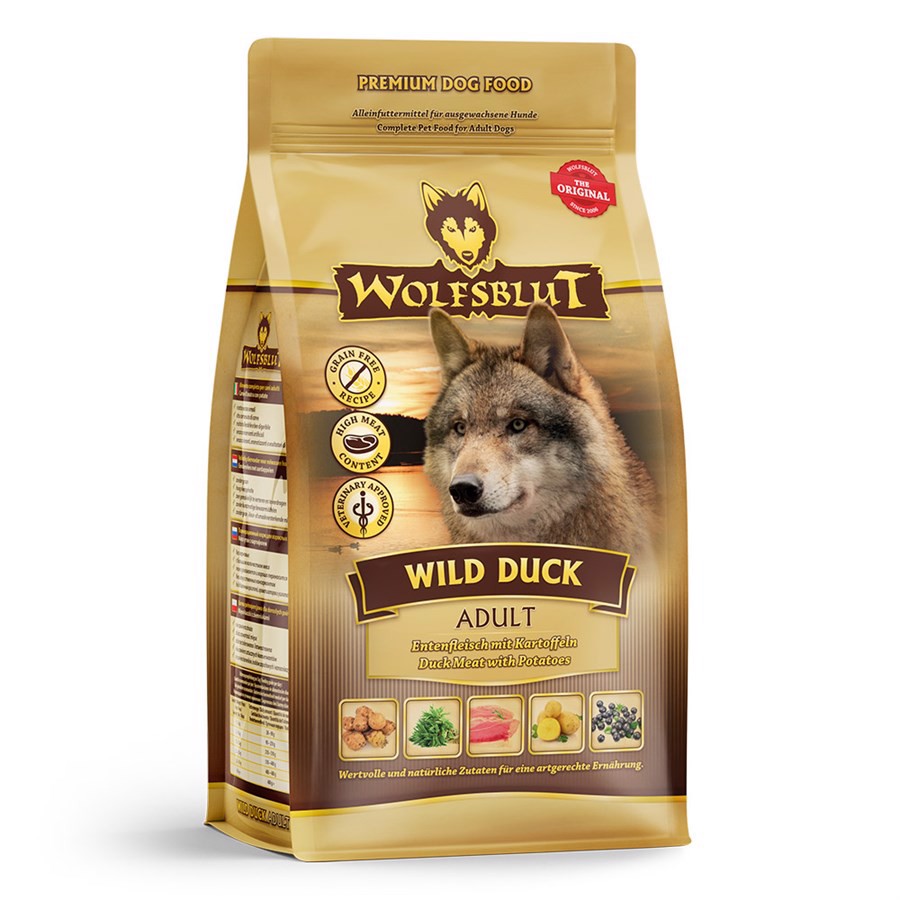Se WolfsBlut Wild Duck Adult med and, 500g hos Hundefoder.dk