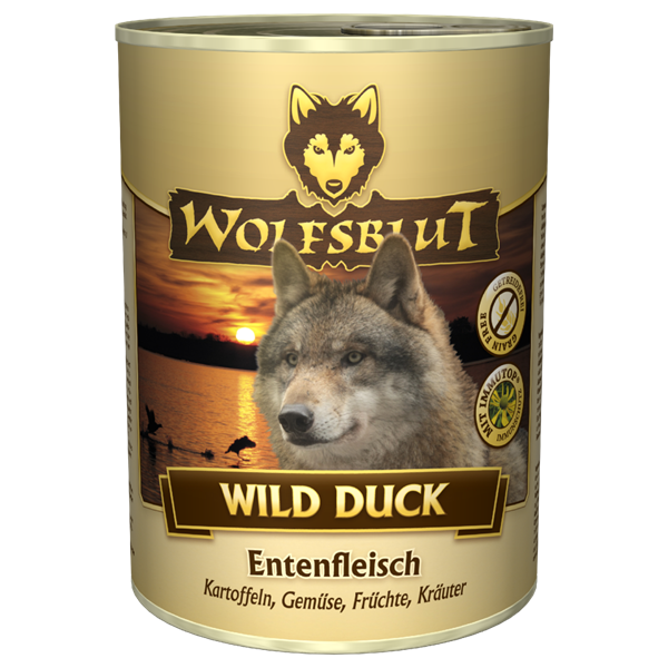 Se WolfsBlut Wild Duck Adult dåsemad, 395g hos Hundefoder.dk