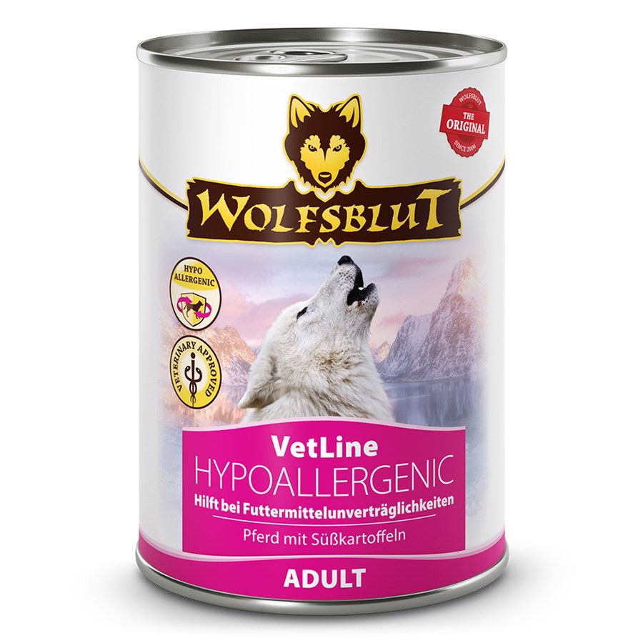 Se WolfsBlut VetLine Hypoallergenic dåsemad, 395g hos Hundefoder.dk